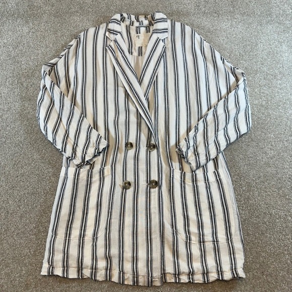 Pilcro Anthropologie Linen Blend Striped Double Breasted Blazer Jacket XS Cream - Picture 3 of 13